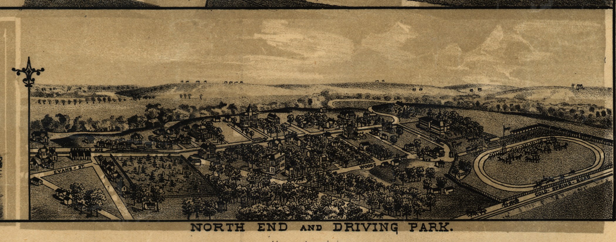 An 1886 engraved bird's-eye view of the North End of Fort Worth showing Samuels Avenue, a cemetery and a racing track.
